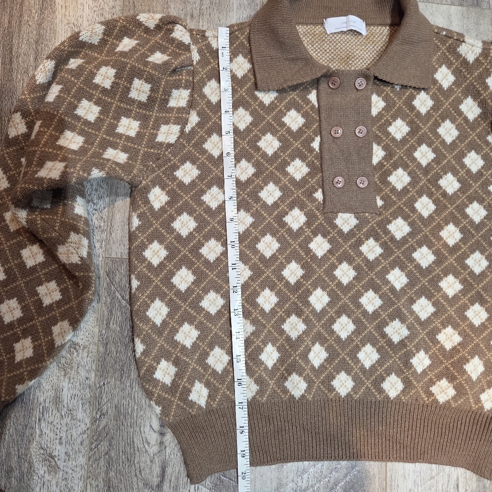 Oak & Fort Button Up Collar Knit Sweater In Brown/White SZ S - Picture 14 of 16